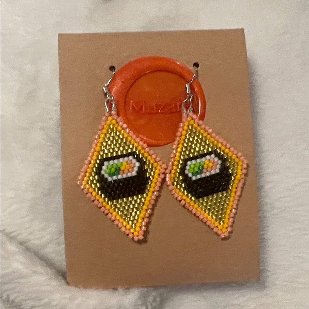 Handmade Yellow & Pink Beaded Sushi Diamond Earrings